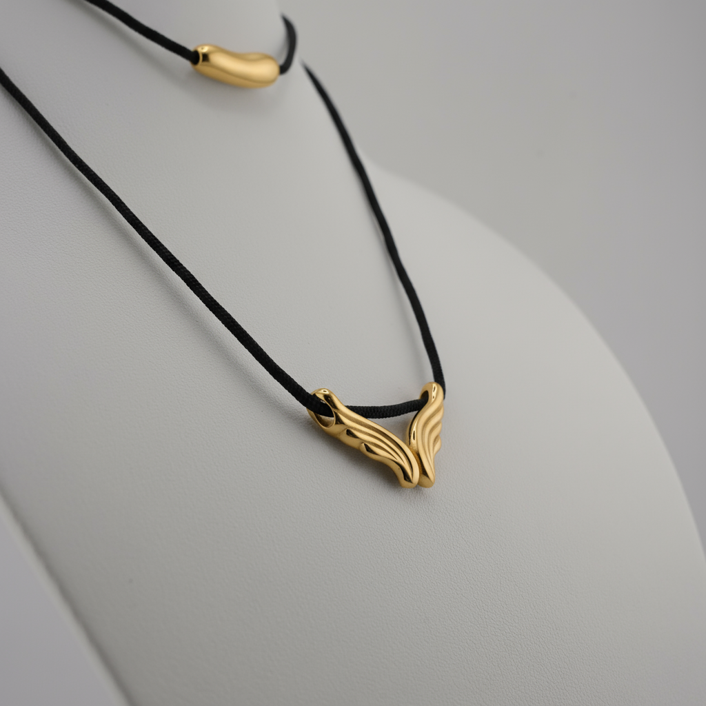 Coshe.gr -%wc_product_cat% Κολιέ choker με φτερά σε ασημένια απόχρωση και μαύρο κορδόνι από τη συλλογή Coshe